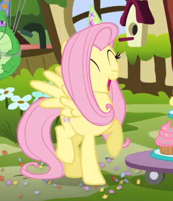 Size: 354x411 | Tagged: safe, screencap, character:fluttershy, character:gummy, species:pegasus, species:pony, alligator, animated, clothing, cupcake, cute, dancing, dawwww, female, food, gif, happy birthday to you!, hat, mare, netflix, party hat, perfect loop, shyabetes, solo focus, tallershy, trotting, trotting in place