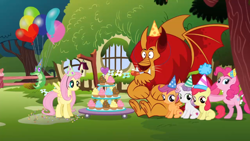 Size: 1920x1080 | Tagged: safe, screencap, character:apple bloom, character:fluttershy, character:gummy, character:pinkie pie, character:scootaloo, character:sweetie belle, species:pegasus, species:pony, animation error, balloon, clothing, cupcake, cute, cutie mark crusaders, food, great moments in animation, happy birthday to you!, hat, manny roar, manticore, missing cutie mark, netflix, party hat
