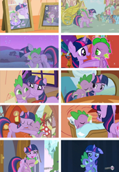Size: 548x797 | Tagged: safe, screencap, character:spike, character:twilight sparkle, character:twilight sparkle (unicorn), species:dragon, species:pony, species:unicorn, episode:dragon quest, episode:just for sidekicks, episode:owl's well that ends well, episode:the crystal empire, g4, my little pony: friendship is magic, baby, baby dragon, canterlot, collage, crystal empire, cute, female, golden oaks library, hub logo, hub network, hug, logo, male, mama twilight, mare, mare in the moon, moon, ponyville, spikabetes, spikelove, twiabetes, watermark