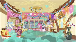Size: 1324x740 | Tagged: safe, screencap, character:applejack, character:fluttershy, character:pinkie pie, character:rainbow dash, character:rarity, character:twilight sparkle, character:twilight sparkle (alicorn), species:alicorn, species:earth pony, species:pegasus, species:pony, species:unicorn, episode:it isn't the mane thing about you, g4, my little pony: friendship is magic, alternate hairstyle, discovery family logo, female, mane six, mare, punkity, sugarcube corner, varying degrees of want