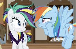 Size: 874x568 | Tagged: safe, screencap, character:davenport, character:rainbow dash, character:rarity, species:pegasus, species:pony, species:unicorn, episode:it isn't the mane thing about you, g4, my little pony: friendship is magic, alternate hairstyle, cropped, discovery family logo, female, male, mare, punkity, stallion