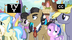 Size: 1366x768 | Tagged: safe, screencap, character:cloud kicker, character:cultivar, character:derpy hooves, character:diamond tiara, character:dj pon-3, character:filthy rich, character:octavia melody, character:vinyl scratch, episode:it isn't the mane thing about you, g4, my little pony: friendship is magic, $, stormfeather, tv-y