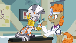 Size: 1280x720 | Tagged: safe, screencap, character:doctor muffin top, character:zecora, species:earth pony, species:pony, species:zebra, episode:a health of information, g4, my little pony: friendship is magic, bubble, coughing, discovery family logo, ear piercing, earring, female, jewelry, leg rings, male, mare, neck rings, piercing, sick, spots, stallion, stethoscope, swamp fever