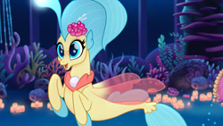 Size: 1777x1000 | Tagged: safe, screencap, character:princess skystar, species:seapony (g4), g4, my little pony: the movie (2017), coral, female, happy, seaquestria, solo, underwater, water