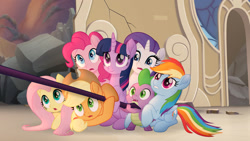 Size: 1777x1000 | Tagged: safe, screencap, character:applejack, character:fluttershy, character:pinkie pie, character:rainbow dash, character:rarity, character:spike, character:twilight sparkle, character:twilight sparkle (alicorn), species:alicorn, species:dragon, species:earth pony, species:pegasus, species:pony, species:unicorn, my little pony: the movie (2017), canterlot, cute, destroyed building, female, male, mane seven, mane six, mare, rubble, scared, smiling, staff, staff of sacanas, twiabetes, varying degrees of want