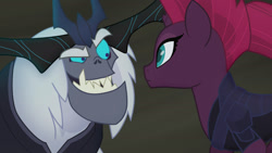 Size: 1777x1000 | Tagged: safe, screencap, character:storm king, character:tempest shadow, species:pony, my little pony: the movie (2017), broken horn, duo, fangs, female, looking at each other, male, mare, raised eyebrow, sharp teeth, smiling, teeth