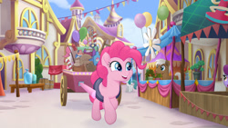 Size: 1777x1000 | Tagged: safe, screencap, character:mochaccino, character:pinkie pie, character:rare find, species:earth pony, species:pony, my little pony: the movie (2017), balloon, canterlot, canterlot shopkeep, cart, cute, diapinkes, female, male, mare, open mouth, stallion, unnamed character, unnamed pony