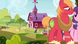 Size: 1366x768 | Tagged: safe, screencap, character:applejack, character:big mcintosh, character:granny smith, character:rarity, character:sugar belle, species:earth pony, species:pony, species:unicorn, ship:sugarmac, episode:it isn't the mane thing about you, g4, my little pony: friendship is magic, continuity, couple, discovery family logo, female, male, mare, shipping, stallion, straight, sweet apple acres