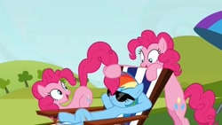 Size: 600x338 | Tagged: safe, screencap, character:pinkie pie, character:rainbow dash, species:pony, episode:too many pinkie pies, g4, my little pony: friendship is magic, beach chair, clone, female, mare, out of context, pinkie clone, plot, sunglasses