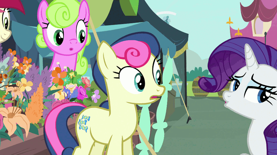 Size: 960x540 | Tagged: safe, screencap, character:bon bon, character:daisy, character:lily, character:lily valley, character:rarity, character:roseluck, character:sweetie drops, species:earth pony, species:pony, species:unicorn, episode:it isn't the mane thing about you, g4, my little pony: friendship is magic, :o, amused, animated, background pony, bon bon is amused, boop, boop bon, cute, female, flower, flower trio, frown, gif, grin, lidded eyes, mare, nose wrinkle, open mouth, smiling, talking, wide eyes