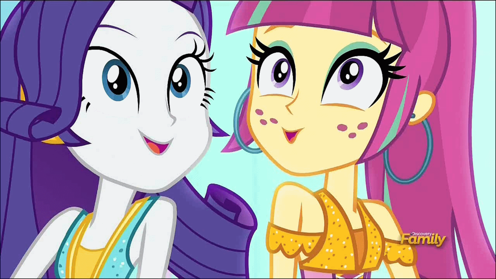 Size: 1920x1080 | Tagged: safe, screencap, character:rarity, character:sour sweet, equestria girls:dance magic, g4, my little pony:equestria girls, animated, cute, discovery family logo, duo, ear piercing, earring, female, freckles, gif, hooped earrings, invisible stallion, jewelry, piercing, raribetes, sourbetes