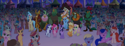 Size: 1920x704 | Tagged: safe, screencap, character:applejack, character:boyle, character:capper dapperpaws, character:captain celaeno, character:dawn sunrays, character:fluttershy, character:lix spittle, character:mullet, character:murdock, character:pinkie pie, character:princess skystar, character:rainbow dash, character:rarity, character:twilight sparkle, character:twilight sparkle (alicorn), species:abyssinian, species:alicorn, species:anthro, species:classical hippogriff, species:earth pony, species:hippogriff, species:pegasus, species:pony, species:unicorn, my little pony: the movie (2017), anthro with ponies, background pony, background pony audience, crowd, female, happy, male, mane six, mare, parrot pirates, pirate, rainbow (song), stallion, unnamed pony