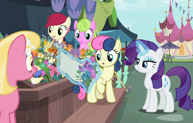Size: 799x508 | Tagged: safe, screencap, character:bon bon, character:daisy, character:lily, character:lily valley, character:rarity, character:roseluck, character:sweetie drops, species:earth pony, species:pony, species:unicorn, episode:it isn't the mane thing about you, g4, my little pony: friendship is magic, adorabon, animated, cute, female, flower trio, gif, magic, mare, mouth hold, nom, telekinesis