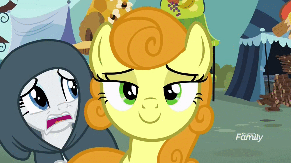 Size: 1000x562 | Tagged: safe, screencap, character:carrot top, character:golden harvest, character:rarity, species:earth pony, species:pony, species:unicorn, episode:it isn't the mane thing about you, g4, my little pony: friendship is magic, animated, background pony, blinking, c:, cloak, clothing, duo, female, frown, gif, hood, lidded eyes, looking at you, mare, market, marketplace, marshmelodrama, open mouth, smiling, talking, uvula, wide eyes, worried