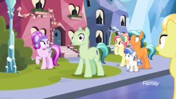 Size: 1334x750 | Tagged: safe, screencap, character:citrine nectar, character:ruby love, species:crystal pony, species:pony, episode:it isn't the mane thing about you, g4, my little pony: friendship is magic, amethyst shard, background pony, bald, colt, crystal empire, discovery family logo, female, foal, frosty quartz, malachite (sailor moon), male, mare, raised hoof, sly flourish, stallion, unnamed pony