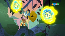 Size: 854x470 | Tagged: safe, screencap, character:fluttershy, species:pegasus, species:pony, episode:a health of information, g4, my little pony: friendship is magic, beehive, carousel (tv channel), flash bee, healer's mask, mask, tree