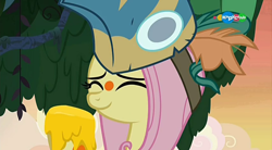 Size: 854x470 | Tagged: safe, screencap, character:fluttershy, species:pegasus, species:pony, episode:a health of information, g4, my little pony: friendship is magic, carousel (tv channel), cute, eyes closed, food, healer's mask, honey, mask, shyabetes, solo