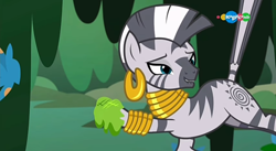 Size: 1366x748 | Tagged: safe, screencap, character:zecora, species:pony, species:zebra, episode:a health of information, g4, my little pony: friendship is magic, carousel (tv channel), criss cross moss, ear piercing, earring, faec, jewelry, lip bite, looking at you, muck, not what it looks like, out of context, piercing, pouting, raised tail, swamp, swamp fever plant, tail, tail pull