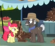 Size: 225x188 | Tagged: safe, screencap, character:apple bloom, character:burnt oak, species:earth pony, species:pony, episode:it isn't the mane thing about you, g4, my little pony: friendship is magic, bandana, bow, clothing, continuity, cowboy hat, cropped, cute, female, filly, hat, male, stallion, wood