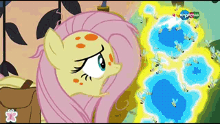 Size: 320x181 | Tagged: safe, screencap, character:fluttershy, episode:a health of information, g4, my little pony: friendship is magic, animated, attack, bee sting, carousel (tv channel), disease, faint, falling, flash bee, forest, gif, ouch, poor fluttershy, sick, stare, swamp fever, the stare, this did not end well