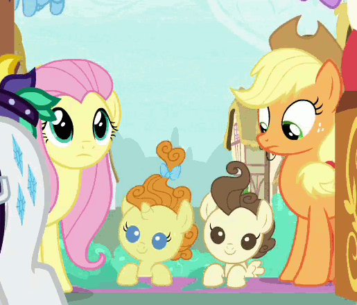 Size: 515x440 | Tagged: safe, screencap, character:applejack, character:fluttershy, character:pound cake, character:pumpkin cake, character:rainbow dash, character:rarity, character:twilight sparkle, character:twilight sparkle (alicorn), species:alicorn, species:earth pony, species:pegasus, species:pony, species:unicorn, episode:it isn't the mane thing about you, g4, my little pony: friendship is magic, alternate hairstyle, animated, applecat, baby, baby pony, behaving like a cat, blinking, cake twins, curly hair, cute, eyes closed, female, funny background event, gif, jackabetes, mare, open mouth, poundabetes, pumpkinbetes, punk, punkity, raised hoof, shyabetes, silly, silly pony, smiling, who's a silly pony
