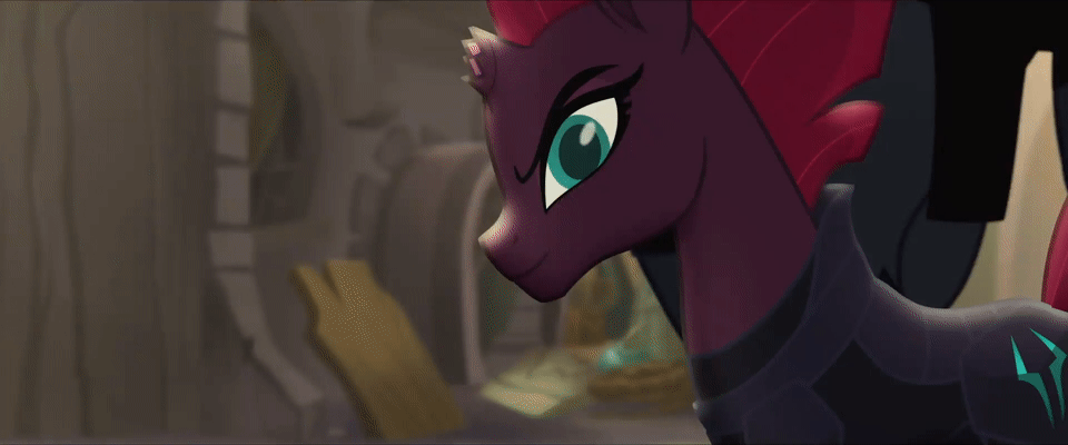 Size: 960x400 | Tagged: safe, screencap, character:tempest shadow, species:pony, my little pony: the movie (2017), animated, broken horn, cute, eye scar, gif, horn, looking at you, pretty pretty tempest, scar, silly, silly little ponies, silly pony, smiling, smirk, storm guard, when she smiles