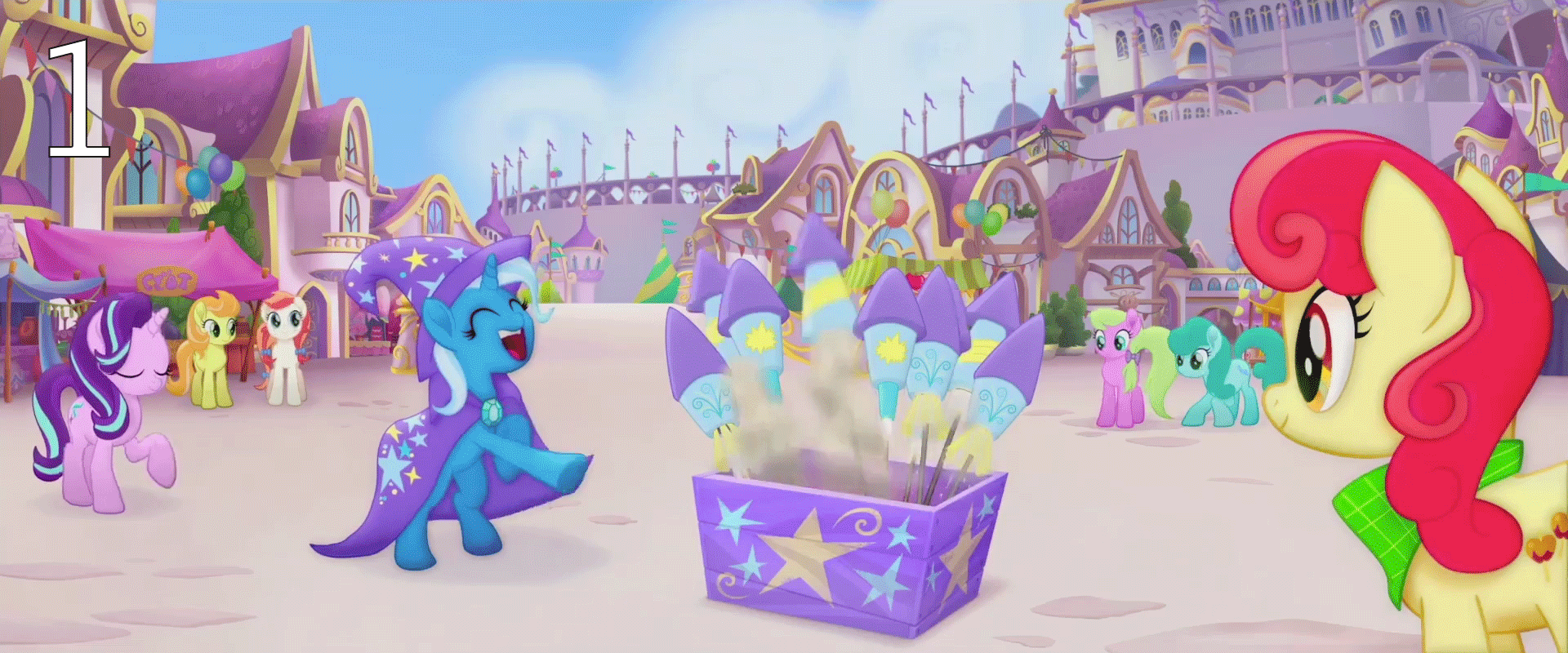 Size: 1920x800 | Tagged: safe, screencap, character:apple bumpkin, character:cantaloupe, character:dawn sunrays, character:starlight glimmer, character:trixie, species:earth pony, species:pony, species:unicorn, my little pony: the movie (2017), animated, apple family member, background pony, canterlot, canterlot castle, cape, clothing, comparison, eyes closed, female, fireworks, gif, hat, mare, raised hoof, trixie's cape, trixie's hat, unnamed pony