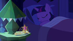 Size: 1920x1080 | Tagged: safe, screencap, character:twilight sparkle, character:twilight sparkle (alicorn), species:alicorn, species:pony, equestria girls:equestria girls, g4, my little pony:equestria girls, bed, bedside stand, big crown thingy, blanket, crown, cute, eyes closed, female, jewelry, lamp, mare, night, pillow, regalia, sleeping, smiling, solo, twiabetes