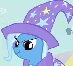 Size: 335x302 | Tagged: safe, screencap, character:trixie, species:pony, species:unicorn, episode:boast busters, g4, my little pony: friendship is magic, angry, close-up, female, frown, glare, great and powerful scrunchy, mare, nose wrinkle, scrunchy face, solo
