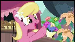 Size: 1334x750 | Tagged: safe, screencap, character:lily, character:lily valley, species:earth pony, species:pony, episode:it isn't the mane thing about you, g4, my little pony: friendship is magic, bread, cute, female, flower, flower in hair, food, happy, lilybetes, mare, solo