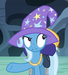 Size: 563x621 | Tagged: safe, screencap, character:trixie, species:pony, episode:to where and back again, g4, my little pony: friendship is magic, clothing, cropped, eyeroll, female, hat, mare, raised hoof, skeptical, solo, wizard hat