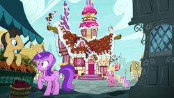 Size: 1280x720 | Tagged: safe, screencap, character:amethyst star, character:cherry cola, character:lily, character:lily valley, character:piña colada, character:sparkler, species:pony, episode:not asking for trouble, g4, my little pony: friendship is magic, carrot, food, market, piña cutelada, sugarcube corner, wide eyes