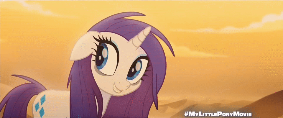 Size: 960x400 | Tagged: safe, screencap, character:rarity, species:pony, species:unicorn, my little pony: the movie (2017), animated, bags under eyes, bone dry desert, cute, desert, exhausted, eyeshadow, female, floppy ears, gif, hair flip (action), happy, makeup, mare, messy mane, open mouth, outdoors, raised hoof, raribetes, smiling, solo, standing, talking, underhoof, wide eyes, youtube link