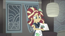 Size: 1136x640 | Tagged: safe, screencap, character:sunset shimmer, episode:good vibes, eqg summertime shorts, g4, my little pony:equestria girls, alternate hairstyle, canterlot mall, food, solo, sunset sushi, sushi