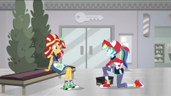 Size: 1136x640 | Tagged: safe, screencap, character:rainbow dash, character:sunset shimmer, episode:good vibes, eqg summertime shorts, g4, my little pony:equestria girls, alternate hairstyle, canterlot mall, clothing, converse, duo, kneeling, shoes, sitting, sneakers, sunset sushi