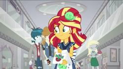 Size: 1136x640 | Tagged: safe, screencap, character:derpy hooves, character:sunset shimmer, episode:good vibes, eqg summertime shorts, g4, my little pony:equestria girls, background human, canterlot mall, cupcake, food, sunset sushi, sushi, thunderbass, valhallen