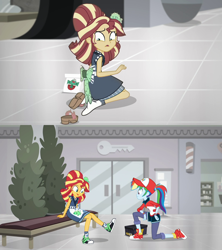 Size: 1920x2160 | Tagged: safe, screencap, character:rainbow dash, character:sunset shimmer, episode:good vibes, eqg summertime shorts, g4, my little pony:equestria girls, alternate hairstyle, apron, barrette, baseball cap, cap, clothing, converse, geta, hairclip, hairpin, happi, hat, ponytail, shoes, sneakers, sunset sushi, uniform