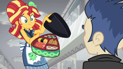 Size: 1920x1080 | Tagged: safe, screencap, character:flash sentry, character:sunset shimmer, episode:good vibes, eqg summertime shorts, g4, my little pony:equestria girls, alternate hairstyle, apron, bento, clothing, food, happi, inari, octopus, puffer fish, rice, sunset sushi, sushi