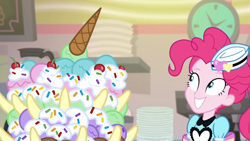 Size: 1920x1080 | Tagged: safe, screencap, character:pinkie pie, episode:coinky-dink world, eqg summertime shorts, g4, my little pony:equestria girls, diner uniform, female, food, ice cream, server pinkie pie, sundae, waitress