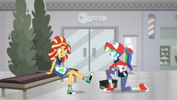 Size: 1366x768 | Tagged: safe, screencap, character:rainbow dash, character:sunset shimmer, episode:good vibes, eqg summertime shorts, g4, my little pony:equestria girls, converse, shoes, sneakers, sunset sushi