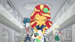 Size: 770x434 | Tagged: safe, screencap, character:bright idea, character:derpy hooves, character:flash sentry, character:starlight, character:sunset shimmer, character:velvet sky, episode:good vibes, eqg summertime shorts, g4, my little pony:equestria girls, animated, apron, background human, bright idea, clothing, cute, diasentres, food, fountain, golden hazel, happi, japanese, no sound, shipping fuel, starlight, sunset sushi, sushi, sweet leaf, thunderbass, valhallen, velvet sky, water, webm