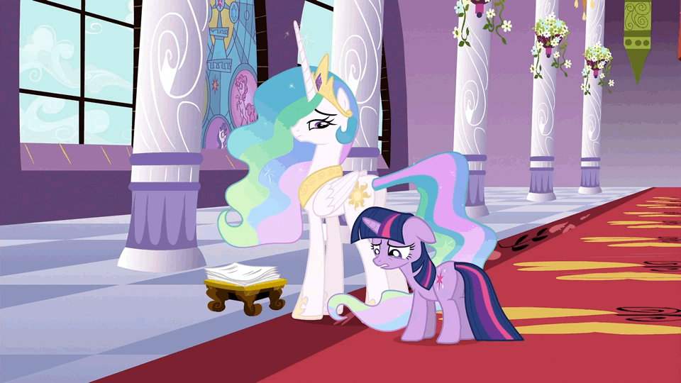 Size: 960x540 | Tagged: safe, screencap, character:princess celestia, character:twilight sparkle, episode:the crystal empire, g4, my little pony: friendship is magic, animated, bitchlestia, butt touch, floppy ears, frown, glare, gritted teeth, pushing, raised hoof, rump push, spread wings, wing hands, wingpush, wings