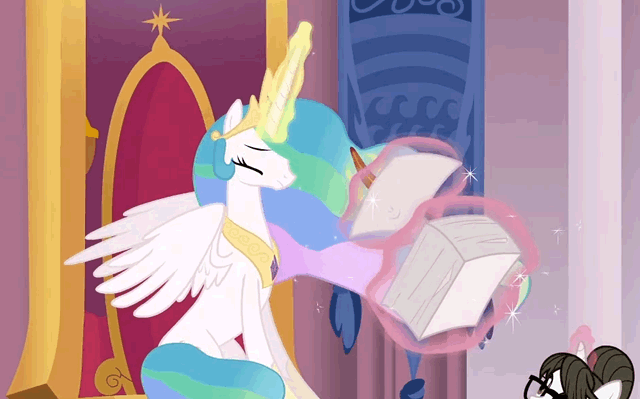 Size: 640x399 | Tagged: safe, screencap, character:princess celestia, character:raven inkwell, species:alicorn, species:pony, episode:the crystal empire, g4, my little pony: friendship is magic, animated, canterlot throne room, ethereal mane, female, glasses, magic, mare, paperwork, telekinesis