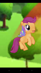 Size: 720x1280 | Tagged: safe, gameloft, screencap, character:scootaloo, species:pegasus, species:pony, butterfly wings, clear the skies, glimmer wings, hilarious in hindsight, mod, scootaloo can't fly
