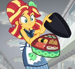 Size: 1160x1073 | Tagged: safe, screencap, character:sunset shimmer, episode:good vibes, eqg summertime shorts, g4, my little pony:equestria girls, apron, barrette, bento, clothing, female, food, hair bun, hairclip, hairpin, happi, rice, solo, standing, sunset sushi, sushi, uniform