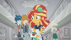 Size: 1920x1080 | Tagged: safe, screencap, character:bright idea, character:derpy hooves, character:starlight, character:sunset shimmer, character:velvet sky, episode:good vibes, eqg summertime shorts, g4, my little pony:equestria girls, background human, bright idea, canterlot mall, cupcake, food, starlight, sunset sushi, sweet leaf, thunderbass, valhallen, velvet sky