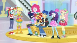 Size: 3416x1920 | Tagged: safe, screencap, character:applejack, character:flash sentry, character:fluttershy, character:pinkie pie, character:rainbow dash, character:rarity, character:sunset shimmer, character:twilight sparkle, character:twilight sparkle (scitwi), species:eqg human, episode:good vibes, eqg summertime shorts, g4, my little pony:equestria girls, best friends, canterlot mall, converse, humane five, humane seven, humane six, shoes, sneakers, sunset sushi, zettai ryouiki
