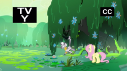 Size: 1920x1080 | Tagged: safe, screencap, character:fluttershy, character:zecora, species:pegasus, species:pony, species:zebra, episode:a health of information, g4, my little pony: friendship is magic, criss cross moss, everfree forest, hanging, prehensile tail, swamp, swamp fever plant, tail, tail pull, tv-y
