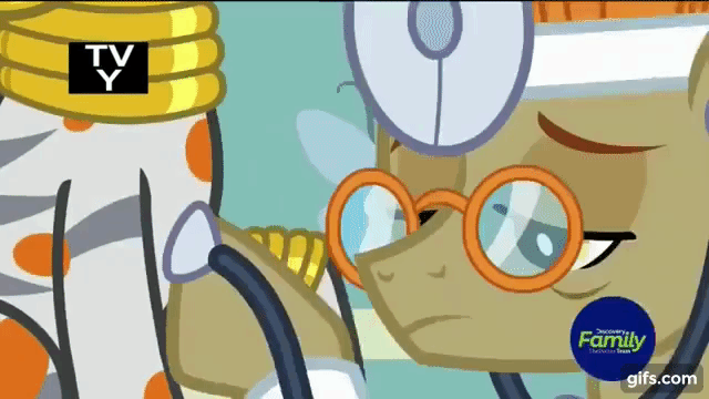 Size: 640x360 | Tagged: safe, screencap, character:doctor muffin top, character:zecora, species:earth pony, species:pony, species:zebra, episode:a health of information, g4, my little pony: friendship is magic, animated, examination, gif, glasses, heartbeat, listening, stethoscope, swamp fever, tv-y