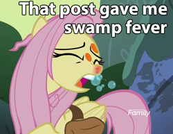 Size: 700x540 | Tagged: safe, screencap, character:fluttershy, episode:a health of information, g4, my little pony: friendship is magic, coughing, discovery family logo, image macro, meme, saddle bag, solo, swamp fever, that post gave me cancer